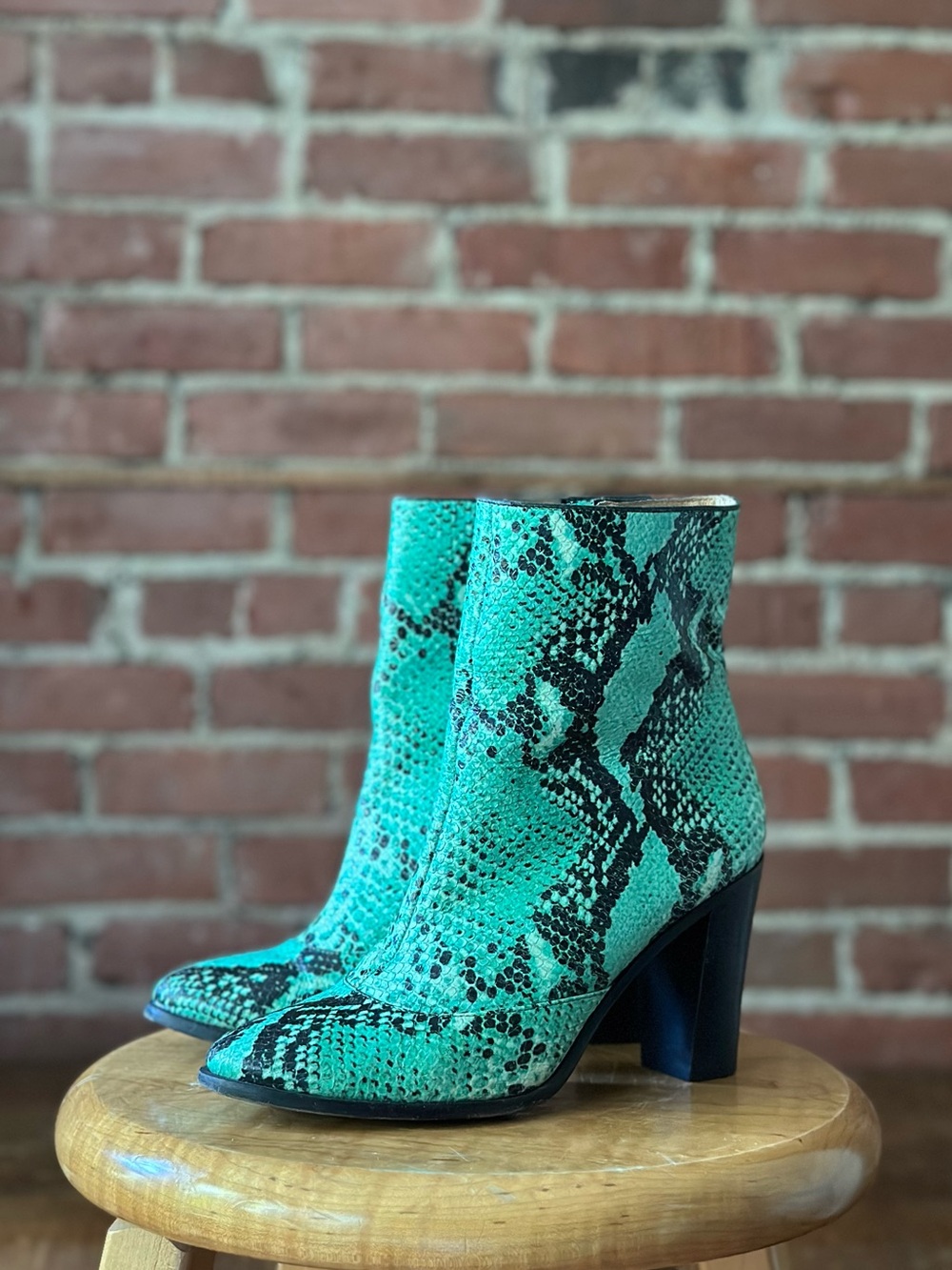 Teal Genuine Leather Snake Print Ankle Boots High Heel